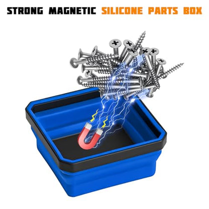 Car Collapsible Magnetic Parts Tray, Foldable Silicone Magnetic Vehicle Tool Tray Organizer for Bolts Screws Nuts, Square Automotive Washers Pins Magnet Bowl, Universal Fit (Blue) - color: Blue