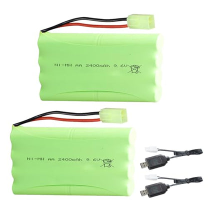 2Pcs 9.6V 2400mAh NI-MH Battery Pack RC Replacement Rechargeable AA Battery Pack with Tamiya USB Charger Cable for Toys,Drone,Remote Control Car Accessory