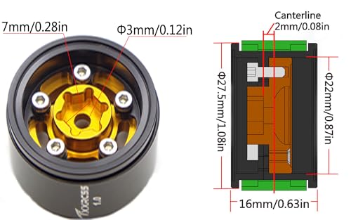 RC 1.0 Beadlock Wheels Offsets -2 Aluminum Rims for AX24 1/18 TRX4M All 1/24 Scale SCX24 Deadbolt RC Crawler Car Wheels Upgrades 4Pc (Black & Golden) - color: Black & Golden