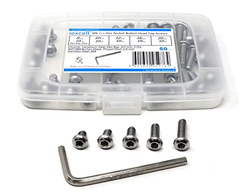 iexcell 50 Pcs M6 x 8/10/12/16/20 Stainless Steel 304 Hex Socket Button Head Cap Screws Bolts Assortment Kit, Thread Pitch 1.0 mm - size: M6 x 8/10/12/16/20mm