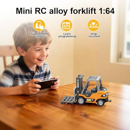 mini RC Forklift Toy Remote Control Crane 2 in 1 Construction Truck | 1:64 Die-cast alloy forklift model with remote/APP controls. STEAM building kit rechargeable power about 1 hour of playtime - style: mini Forklift