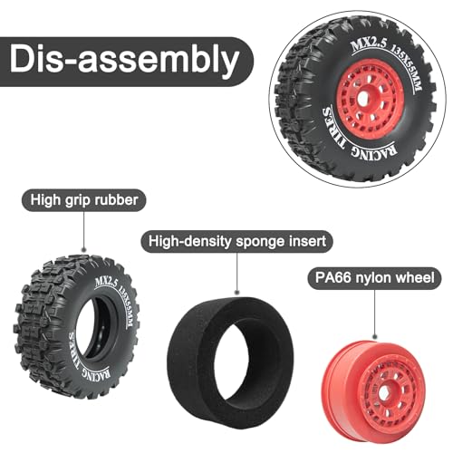 1/7 RC Short Course Truck Tires 1/8 Monster Truck Tires, 4PCS, Red | Compatible with ARRMA 1/7 Mojave 6S ARRMA 1/8 Mojave 4S TRAXXAS 1/7 UDR 6S RC Buggy Upgrades - color: Black Tires+ Red Wheels