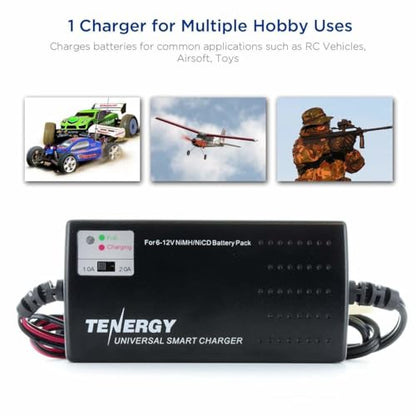 Tenergy Universal Smart Charger for 6V-12V NiMH/NiCd Battery Packs - 2A Rapid RC Charger with Tamiya & Mini Tamiya Adapters