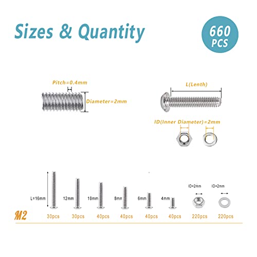 Kadrick 304 Stainless Steel Screws,660 Pcs M2 Screw Assortment,Button Head Socket Cap Screws Kit,M2x4mm,6mm,8mm,10mm,12mm,16mm Metric Bolts Nuts Washers Kit with 1 Hex Allen Wrench | 304 Stainless Steel,M2 Screws Nuts Washers Kit with 1 Hex Allen Wrench -