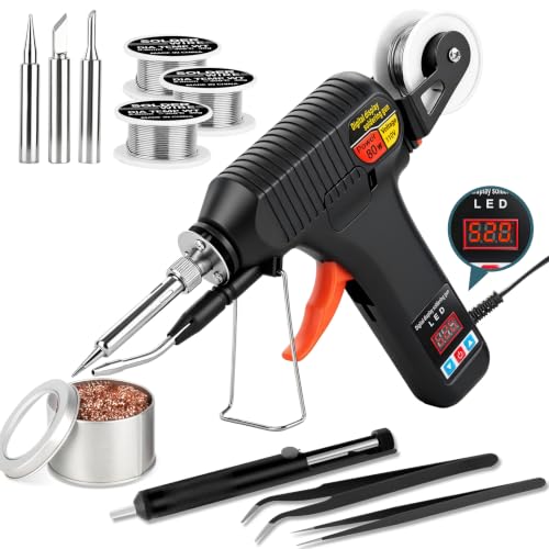 Soldering Gun Kit, 80W Adjustable Temp Soldering Iron with LED Display | 3 Tips, 3 Solder Wire Rolls, Desoldering Pump, Tweezers & Brass Wire Cleaner for Electronics Repair and DIY Welding