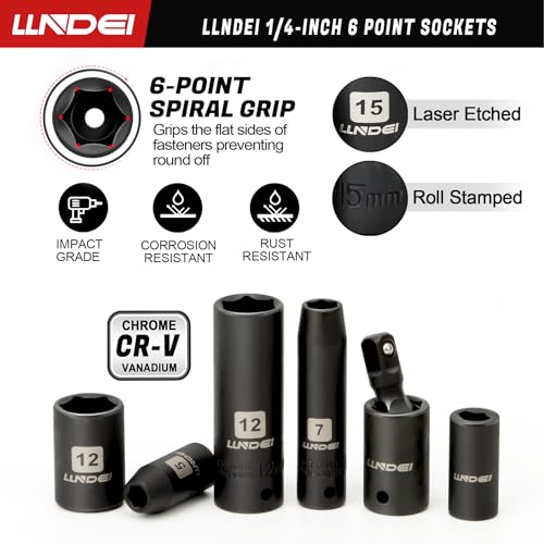 1/4" Drive Socket Set & Nut Driver Set with Ratchet, 44Pcs | 1/4-Inch Sockets Deep&Shallow Metric(4-15mm), 1/4" Hex Shank 6" Long Nut Drivers(6-14mm) for Impact Drill Bits(PH1 PH2) - size: 44PCS Metric