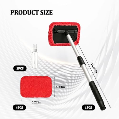Car Windshield Cleaner Tool, Extendable Handle Pentagonal Vehicle Window Cleaning Kit with 4 Reusable Microfiber Pads & Spray Bottle, Auto Windscreen Detailing Cleaner, Universal Fit (Red) - size: Red