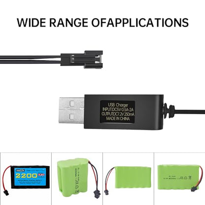 2PCS 7.2V 250mA USB Charging Cable with SM-2P Plug Connector for RC Excavators,Trucks,Tanks,Engineering Vehicles,RC Cars,Stunt Vehicles, 7.2V NiCd or NiMH or Lipo Battery USB Chargers