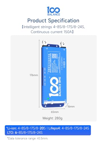 DALY Smart BMS 24V-60V 150A Built-in 1A Active Balancer | Bluetooth App Monitoring. 8S-17S LiFePO4 Li-ion LTO Support. Designed for E-Bikes, Golf Carts, RVs, Solar Systems - style: 150A 8-17S BT