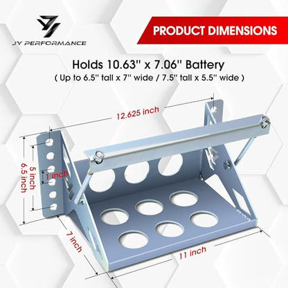 Battery Mounting Box Tray, Fits up to 10.63"×7.06"×7.5" Batteries, Bolt-in | Zinc-Plated Finish, Rust-Resistant, 12-Gauge Steel Brackets, Hold-Down Bracket with J-Bolts, 14.375" Overall Length - color: metallic