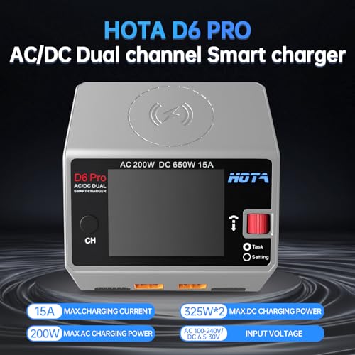HOTA D6 Pro Lipo Battery Charger Dual Channel Smart Charger AC200W DC650W 15A for LiHv Nicd NiMH Lipo RC Battery Charger with Balance Phone Wireless Charging RC Car RC Boat FPV Race Drone Parts (Gray)