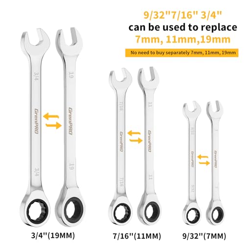 GRENPRO 22PC Ratcheting Wrench Set SAE&Metric Combination Open End Wrenches | 1/4"-3/4"&6-18mm Ratchet Wrenches, Gauge CR-V 72-Tooth 5° Swing 12Pt Mechanic Tools Sets, Roll Pouch for Auto & Home Repair - style: 22PCS Ratcheting Wrench Set Metric&SAE