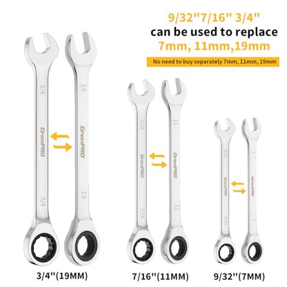 GRENPRO 22PC Ratcheting Wrench Set SAE&Metric Combination Open End Wrenches | 1/4"-3/4"&6-18mm Ratchet Wrenches, Gauge CR-V 72-Tooth 5° Swing 12Pt Mechanic Tools Sets, Roll Pouch for Auto & Home Repair - style: 22PCS Ratcheting Wrench Set Metric&SAE
