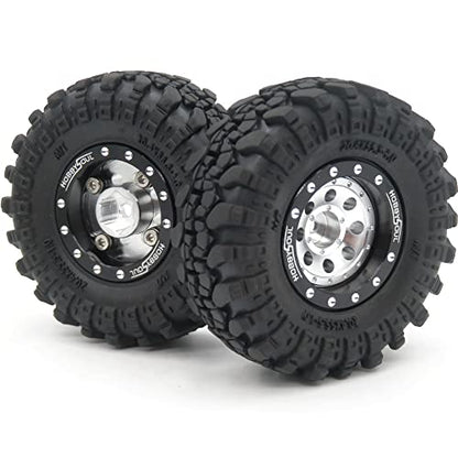 RC 1.0 Beadlock Wheels and Tires, 1/24 Tires & Heavy Adjustable Offset 1.0 Wheels Black Silver for 1/24 RC Crawler Car Truck Axial SCX24 Upgrade, (4-Pack, Assembled) - color: Black & Silver
