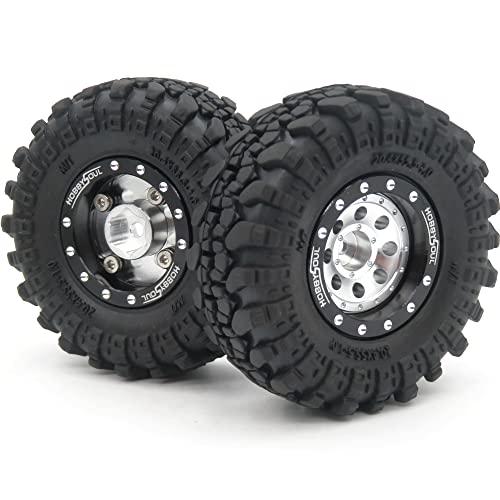 RC 1.0 Beadlock Wheels and Tires, 1/24 Tires & Heavy Adjustable Offset 1.0 Wheels Black Silver for 1/24 RC Crawler Car Truck Axial SCX24 Upgrade, (4-Pack, Assembled) - color: Black & Silver