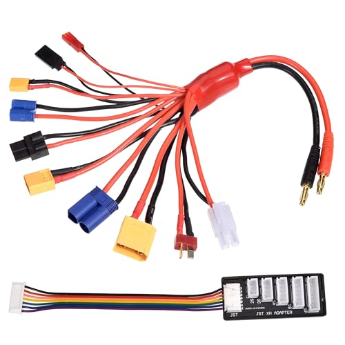 RC Lipo Battery Charger Adapter Connector Splitter Cable, 10 in 1 Convert Wire to 4.0mm Banana Plug with 2-6S Charge Balance Board for TRX, T-Plug, Tamiya, Futaba, JST, XT90, XT60, XT30, EC3, EC5