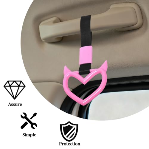 2PCS Car Devil Heart Handle Ring, Cute Heart-Shaped Vehicle Rear Bumper Waring Loops, Automotive Grab Handle Strap Drift Charm Decoration, Universal Fit (Pink/Black) - color: Pink/Black