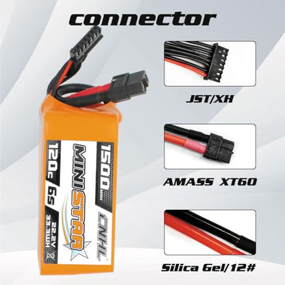 CNHL 1500mAh 6S LiPo Battery 22.2V 120C with XT60 Plug (2 Packs) | High discharge RC battery for FPV racing drones, freestyle quadcopters, RC helicopters, and airplane models.