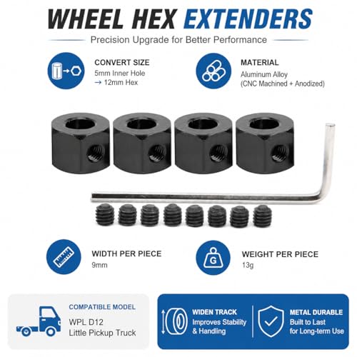 5mm to 12mm Aluminum Alloy Wheel Extension Hex Drive Hub Adapter for RC Car WPL D12 RC Truck(Black)