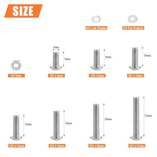 HELIFOUNER 550 Pieces M3 x 6mm /8mm /10mm /12mm /16mm /20mm /25mm, Button Head Socket Cap Screws Bolts Washers Nuts Kit, 304 Stainless Steel - size: 550 Pieces M3 Screw Kit