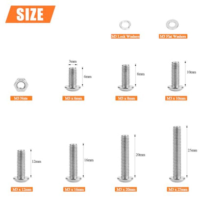 HELIFOUNER 550 Pieces M3 x 6mm /8mm /10mm /12mm /16mm /20mm /25mm, Button Head Socket Cap Screws Bolts Washers Nuts Kit, 304 Stainless Steel - size: 550 Pieces M3 Screw Kit