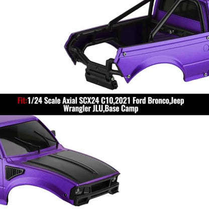 Hard Pickup Body Shell with Bed Rack for 1/24 SCX24 RC Crawler | With dual interchangeable grilles, magnetic flip-up design easy maintenance - color: Purple