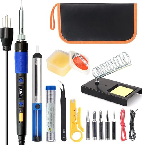110W Electronics Soldering Iron Kit - LCD Digital Soldering Iron | Adjustable Temperature, Wire & Cutter, Stand, Soldering Iron Tips, Desoldering Pump, Solder, Tweezers, Soldering Flux Paste - color: Blue