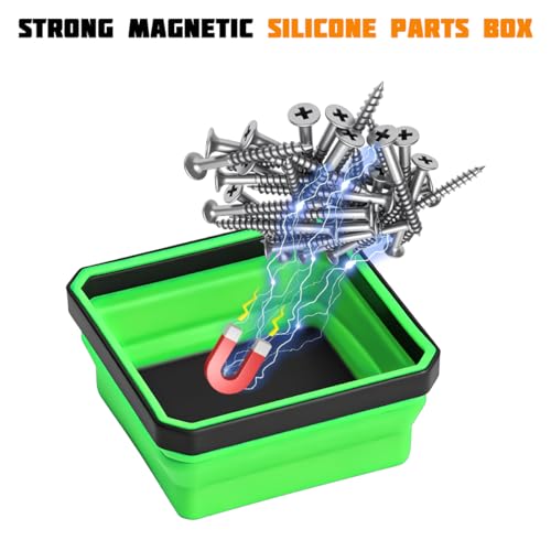 Car Collapsible Magnetic Parts Tray, Foldable Silicone Magnetic Vehicle Tool Tray Organizer for Bolts Screws Nuts, Square Automotive Washers Pins Magnet Bowl, Universal Fit (Green) - color: Green