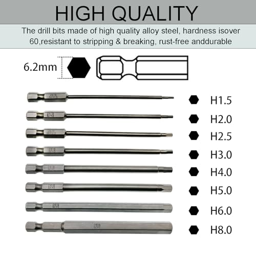 1/4" RC Hex Driver Bits 1.5mm 2mm 2.5mm 3mm 4mm 5mm 6mm 8mm Hex Head Allen Wrench Drill Bits Set for Screwdrivers Electric Screwgun/Power Drill(8PCS)
