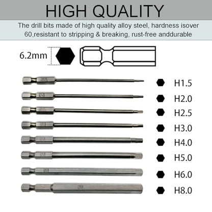 1/4" RC Hex Driver Bits 1.5mm 2mm 2.5mm 3mm 4mm 5mm 6mm 8mm Hex Head Allen Wrench Drill Bits Set for Screwdrivers Electric Screwgun/Power Drill(8PCS)