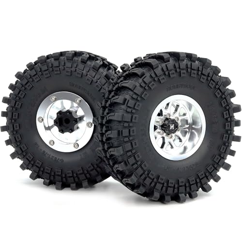 4pcs 1.9 Beadlock Wheels and Tires 121mm Tall, -10.5mm Negative Offset 1.9'' Rims and tyre for 1/10 RC Crawler SCX10 TRX4 Gen8 Upgrades - color: Silver