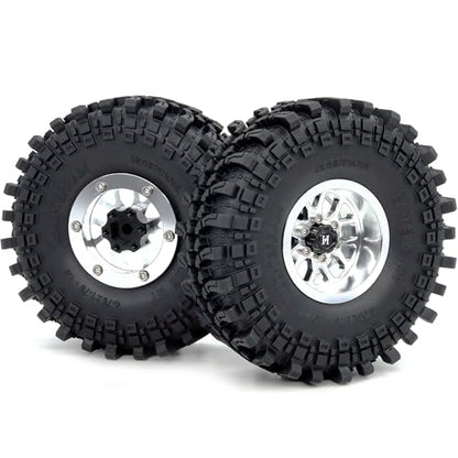 4pcs 1.9 Beadlock Wheels and Tires 121mm Tall, -10.5mm Negative Offset 1.9'' Rims and tyre for 1/10 RC Crawler SCX10 TRX4 Gen8 Upgrades - color: Silver