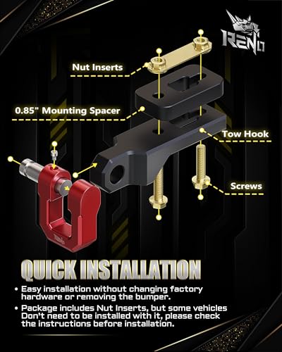 RENO F150 Tow Hook with 3/4" D-Ring Shackle, Front & Rear Recovery Hooks | CNC Aluminum, Front/Rear Mountable, Fits 2004-2025 F150/2010-2025 Raptor 2WD 4WD, OEM 4L3Z17A954AA,6L3Z17A954AA,FL3Z-17A954-F - color: Tow Hooks w/ Red D-ring, size: F150 Front/Rea