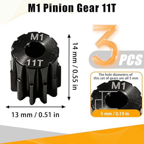 M1 Gear 11T 5mm Bore 3-Pack – High-Precision Hardened Steel Motor Pinion Gear for 1/8 1/10 RC Crawler, Monster Truck, Short Course Truck & Boat (Compatible with Traxxas Axial, FMS, HSP Redcat Losi) - style: M1 3Pcs 11T