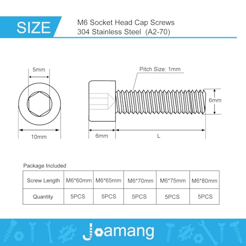 M6 x 60mm 65mm 70mm 75mm 80mm Socket Head Cap Screws Bolts, Stainless Steel 304, Metric Allen Hex Drive, Bright Finish, Fully Threaded, Assortment Kit 25PCS - size: Socket M6x60-80mm