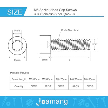 M6 x 60mm 65mm 70mm 75mm 80mm Socket Head Cap Screws Bolts, Stainless Steel 304, Metric Allen Hex Drive, Bright Finish, Fully Threaded, Assortment Kit 25PCS - size: Socket M6x60-80mm