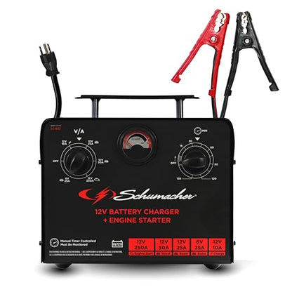 Schumacher Electric 6V/12V Time Controlled Battery Charger & Engine Starter - Precision Controlled Charger with 135-minute Timer & Overload Protection - 250 Cranking Amps & 3 Boost Modes - SC1667