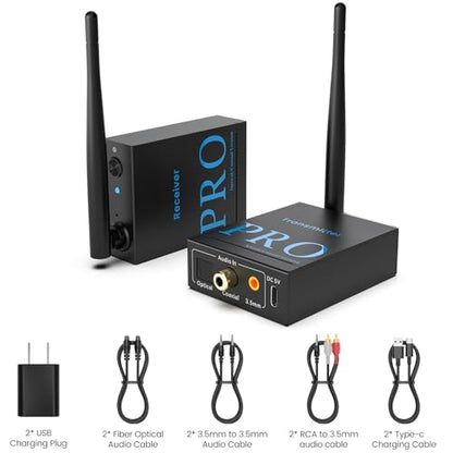 1Mii 2.4GHz Wireless Audio Transmitter and Receiver (1 TX+1 RX), HiFi Audio | 20ms Low Latency, 328ft Long Range Wireless Kit for Powered Speaker/Stereo/Soundbar, Optical/Coaxial/3.5mm(RCA) Ports