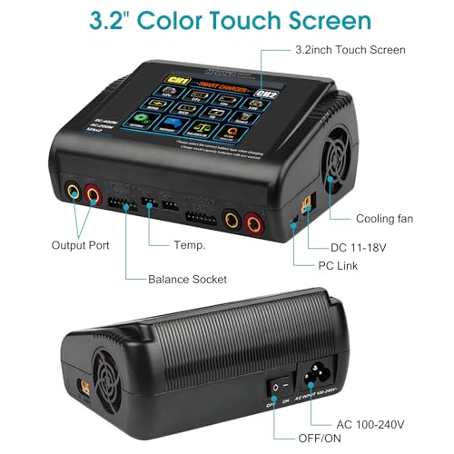 Dual LiPo Charger Touch Screen Battery Charger Discharger AC200W DC400W 12A | Fast Balance Battery Charger for 1-6S LiPo Li-ion Li-Fe LiHV 1-15S NiCD NiMH 2-20V PB Smart Batteries RC Car Boat Drone