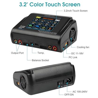 Dual LiPo Charger Touch Screen Battery Charger Discharger AC200W DC400W 12A | Fast Balance Battery Charger for 1-6S LiPo Li-ion Li-Fe LiHV 1-15S NiCD NiMH 2-20V PB Smart Batteries RC Car Boat Drone