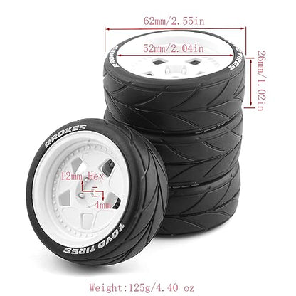 Lifehead 65mm On Road Rubber Tires& Wheels Rims 12mm Hex Hub for HPI Ken Block's Tamiya XV01 TT01 TT02B Kyosho FAZER MK2 Lc Racing PTG HSP RGT RC 3RACING D5 1/10 RC Rally Car - color: White 4
