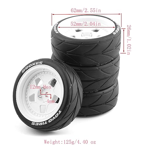 Lifehead 65mm On Road Rubber Tires& Wheels Rims 12mm Hex Hub for HPI Ken Block's Tamiya XV01 TT01 TT02B Kyosho FAZER MK2 Lc Racing PTG HSP RGT RC 3RACING D5 1/10 RC Rally Car - color: White 4