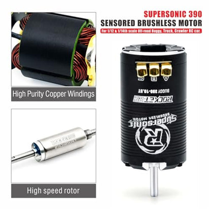 1-3S Supersonic 390 Sensored Brushless Motor 8.5T/10.5T/13.5T/17.5T TS80 Pro 80A ESC for 1/12 1/14 Scale Off-Road Buggy Truck Crawler RC Car (Black 10.5T) - color: Black 10.5T