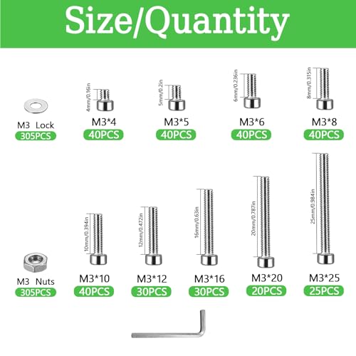 915Pcs M3 Screws Assortment, Hex Socket Head Cap Screw Bolts Nuts Washer Kit, Stainless Steel,9-Sizes M3x4/5/6/8/10/12/16/20/25mm Screws for 3D Printer DIY - size: M3x4/5/6/8/10/12/16/20/25-915Pcs