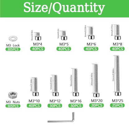 915Pcs M3 Screws Assortment, Hex Socket Head Cap Screw Bolts Nuts Washer Kit, Stainless Steel,9-Sizes M3x4/5/6/8/10/12/16/20/25mm Screws for 3D Printer DIY - size: M3x4/5/6/8/10/12/16/20/25-915Pcs