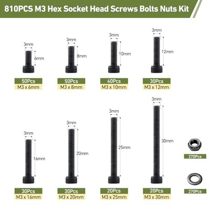 810Pcs M3 Screws Assortment Kit,Hex Socket Head Cap Screws Bolts Nuts Washer Set,12.9 Grade Alloy Steel,Black Oxide M3 x 6/8/10/12/16/20/25/30mm,for 3D Printer,DIY Project - size: M3 810PCS Socket Black