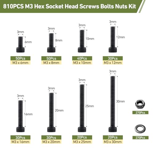 810Pcs M3 Screws Assortment Kit,Hex Socket Head Cap Screws Bolts Nuts Washer Set,12.9 Grade Alloy Steel,Black Oxide M3 x 6/8/10/12/16/20/25/30mm,for 3D Printer,DIY Project - size: M3 810PCS Socket Black
