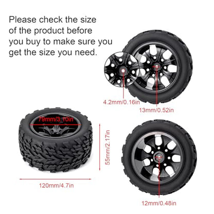 RC Monster Truck Car Wheels, Black, 4x 1:10 Scale | Rubber Tires, 7 Spokes Wheel Rim, RC Parts