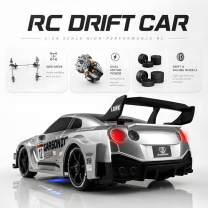 RC Drift Car, 1:24 Scale Remote Control Vehicle with LED Lights,Drifting Tires＆Two Batteries, Racing Sports Toy Idea Gift for Adults Boys Girls and Kids - color: Silver