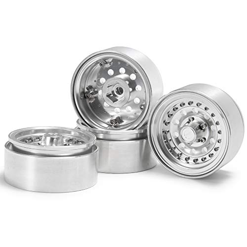 QUE-T 1.9" Pack of 4 Alloy Metal Beadlock Wheel Rims for 1/10 RC Crawler SCX10 90046 D90 Trx4 (Bright Silver) - color: Bright Silver